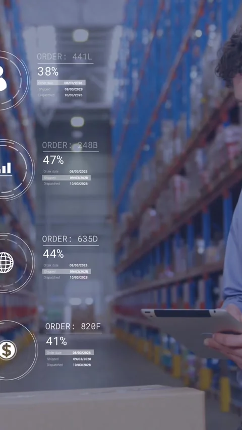Animation of icons with data processing over caucasian male worker using tablet Stock Footage 343609406