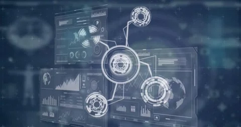 Animation of icons, diverse data and glitch over digital screens Stock Footage 328969666