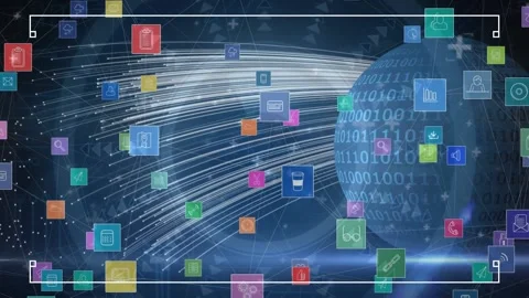 Animation of icons floating over globe with binary code and lights Stock Footage 172268860