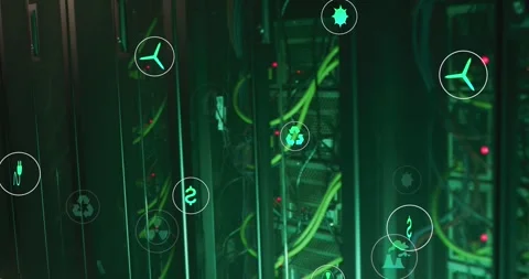 Animation of icons floating over servers Stock Footage 328232367