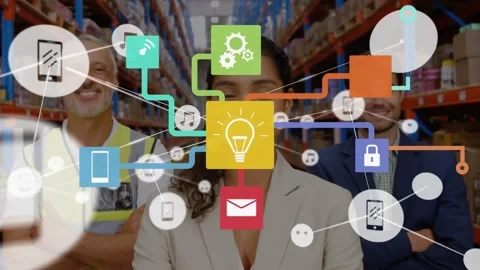 Animation of icons flow chart, connected icons over multiracial coworkers Stock Footage 328149897