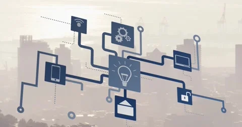 Animation of icons flow chart over fog covered modern cityscape against sky Stock Footage 247316884