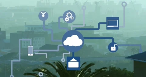 Animation of icons flow chart over fog covered modern cityscape against sky Stock Footage 247318729