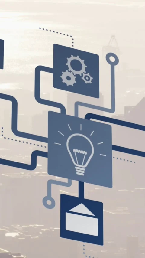 Animation of icons flow chart over fog covered modern cityscape against sky Stock Footage 344706445