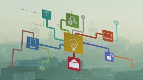 Animation of icons in flow chart, view of city during foggy weather Stock Footage 329710555