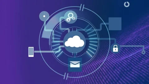 Animation of icons flowchart over loading circles and dynamic wave pattern on Video stock 247908142