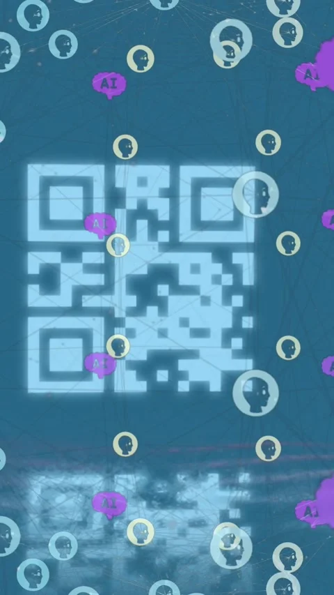 Animation of icons forming globe, ai texts in brains over qr code between arrows Vídeos de archivo 344525671