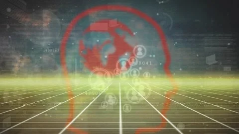 Animation of icons, globe in human head over grid pattern and multiple graphs Stock Footage 327899228