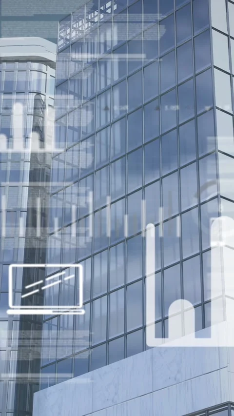 Animation of icons, graphs and trading board over modern buildings against sky Stock Footage 344723322