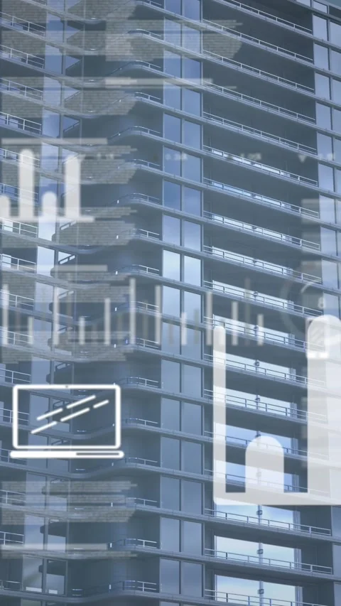 Animation of icons, graphs and trading board over modern buildings against sky Stock Footage 344766130