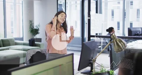 Animation of icons, graphs, map, computer language, caucasian female talking on Stock Footage 329710770