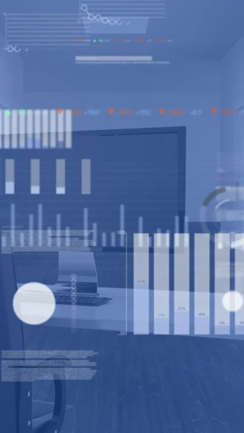 Animation of icons, graphs, trading board, loading circles, chair, desktop in Vídeos de archivo 344693675