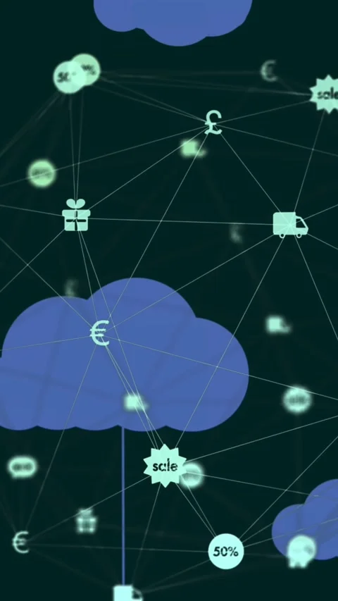Animation of icons hanging on clouds and interconnecting with lines against Stock Footage 343504140