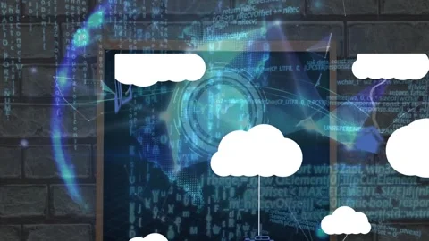 Animation of icons hanging to clouds, globe and programming language over slate 動画素材 327527076