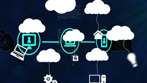 Animation of icons hanging from clouds, programming language with digital fists Stock Footage 209606883