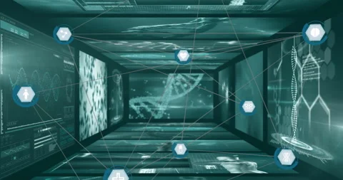 Animation of icons in hexagons connected by lines over infographic interface Stock Footage 315837415