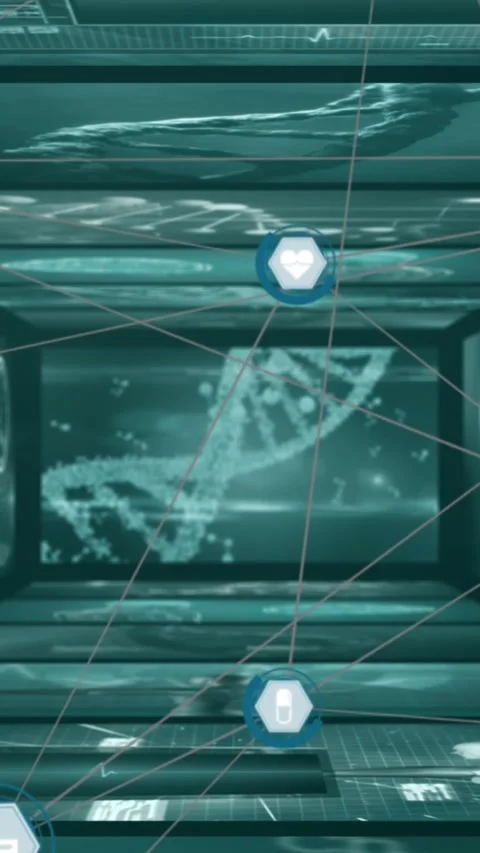 Animation of icons in hexagons connected by lines over infographic interface Stock Footage 321990968