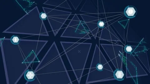 Animation of icons in hexagons connected with lines over triangular shapes in Stock Footage 327124613