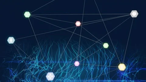 Animation of icons in hexagons connected with lines over abstract pattern moving Stock Footage 330168234