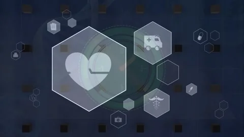 Animation of icons in hexagons, digital clock and dna helix over 3d cubes on Stock Footage 327525549