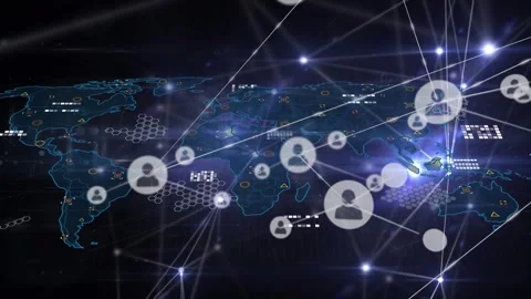 Animation of icons in hexagons, digital clock and dna helix over 3d cubes on Stock Footage 330294782