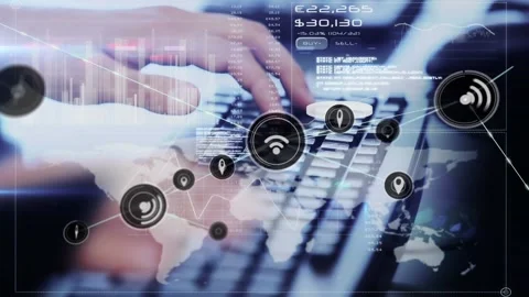 Animation of icons interconnected with lines, infographic interface over cropped Stock Footage 330657922