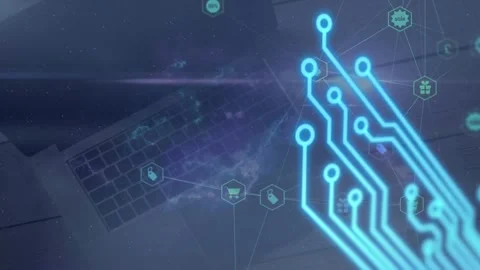 Animation of icons interconnecting with lines and circuit board pattern over Stock Footage 329368052