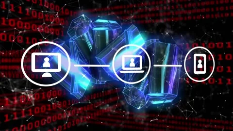 Animation of icons, metallic blocks, data processing over binary coding Stock Footage 330775771