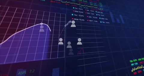 Animation of icons, multiple graphs, trading boards and computer language over Stock Footage 329128316