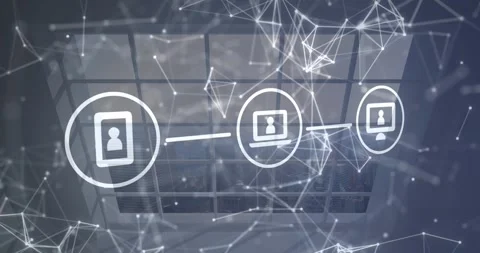 Animation of icons with network of connections over window Stock Footage 330478233