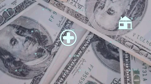 Animation of icons, numbers and connected dots forming grid pattern over dollar Stock Footage 330662049