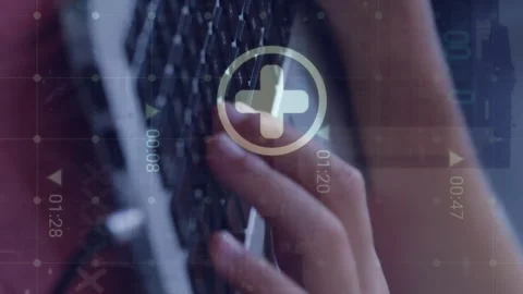 Animation of icons, numbers, grid pattern over midsection of caucasian boy 库存影片 312874973