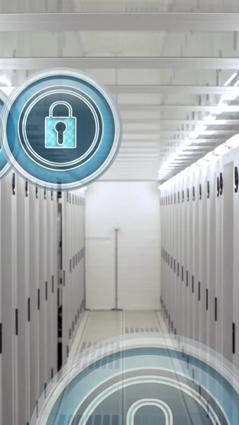 Animation of icons of online security padlock over computer servers Stock Footage 342004342