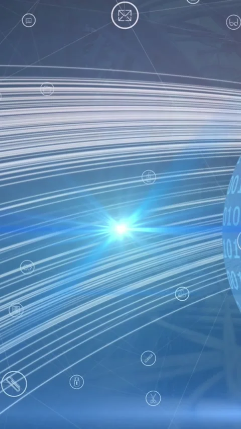 Animation of icons over globe with binary code in navy space Stock Footage 323248409