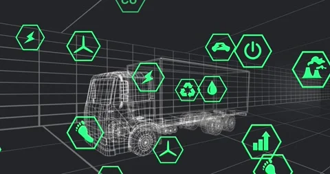 Animation of icons processing status data over 3d car model moving on black Stock Footage 328148680