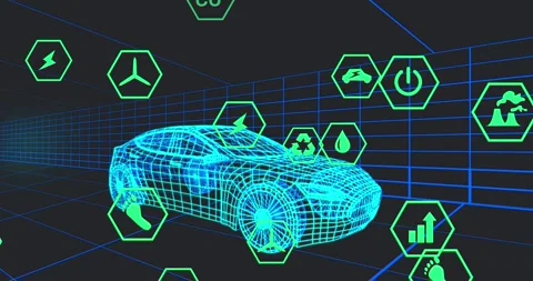 Animation of icons processing status data over 3d car model moving on black Stock Footage 328644915