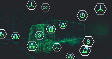 Animation of icons processing status data over 3d truck model moving on black Stock Footage 329025775