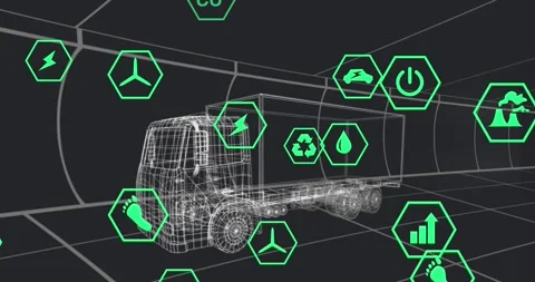 Animation of icons processing status data over 3d truck model moving on black Stock Footage 330114792