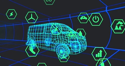 Animation of icons processing status data over 3d van model moving on black Stock Footage 330294237