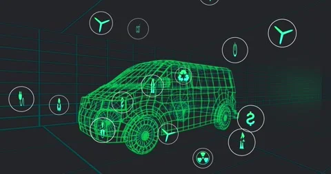 Animation of icons processing status data over 3d car model moving on black Stock Footage 330341535