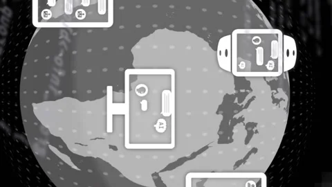 Animation of icons, rotating globe and computer language over black background Stock Footage 315219548