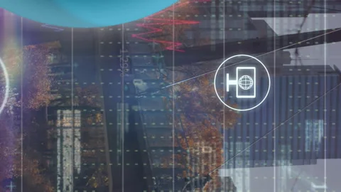 Animation of icons, rotating globe, graphs and computer language over modern Stock Footage 313095202