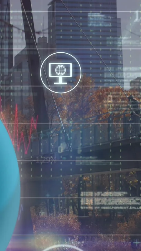 Animation of icons, rotating globe, graphs and computer language over modern Stock Footage 320983492