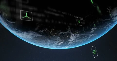 Animation of icons in squares and computer language over rotating globe against Stock Footage 328595184
