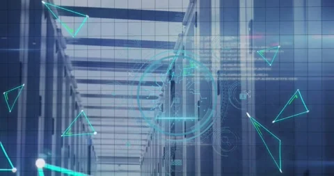 Animation of icons, triangles, computer language, padlock in circles over server Stock Footage 327585273