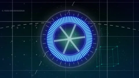 Animation of illuminated abstract pattern in circles over lines and 3d cube Stock Footage 325774504