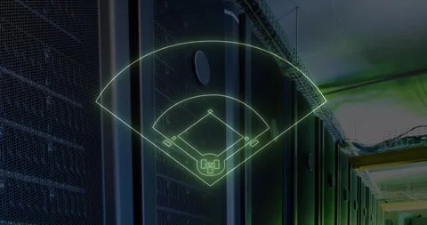 Animation of illuminated baseball field drawing over server room in background Stock Footage 329979243