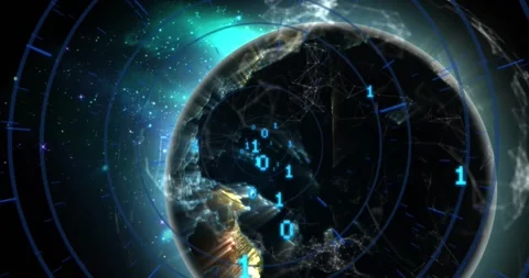 Animation of illuminated binary codes with circles and connected dots over Stock Footage 247123569