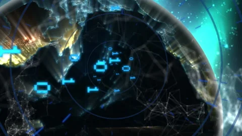 Animation of illuminated binary codes with circles and connected dots over Stock Footage 313018019