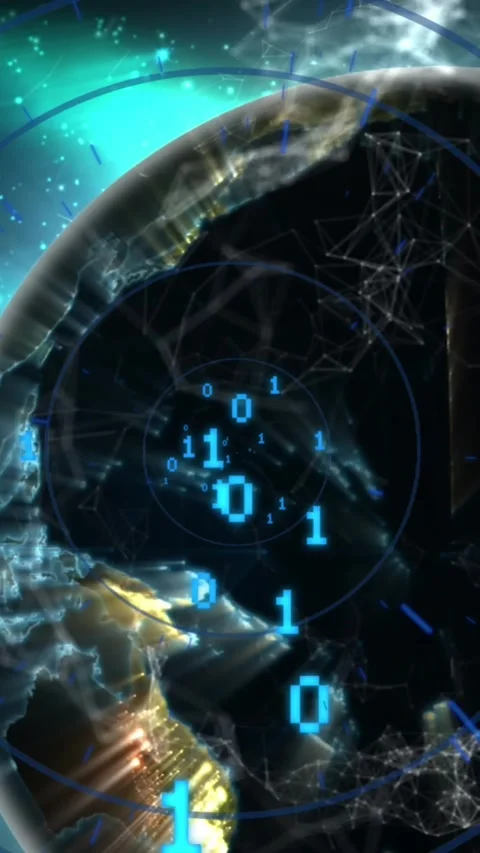 Animation of illuminated binary codes with circles and connected dots over Stock Footage 321039216